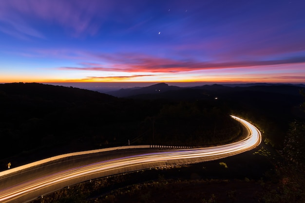 Road mountain night light in the morning.