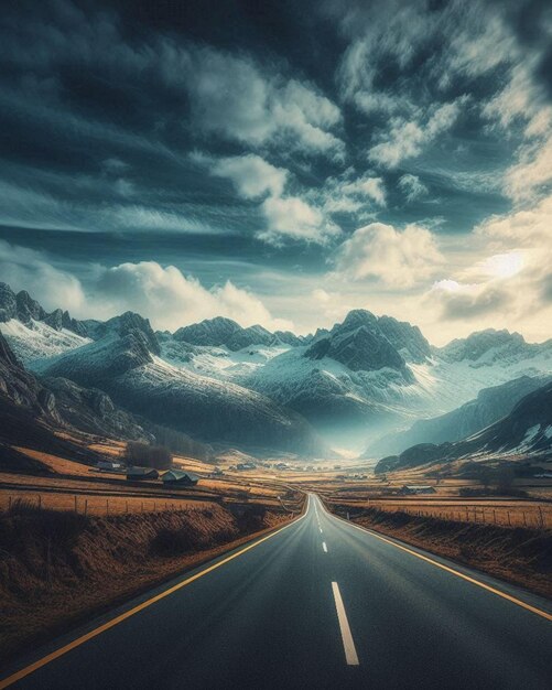 The road in the mountains is decorated with clouds