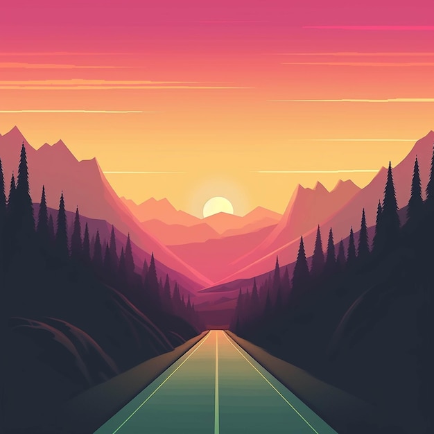 Road to the mountains Sunset in the forest Vector illustration