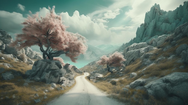 A road in the mountains with a cloudy sky