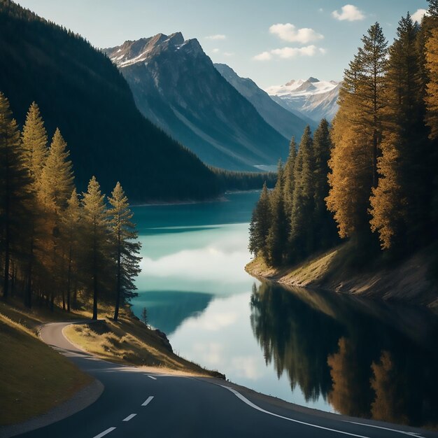 A road in the mountains with a lake and trees