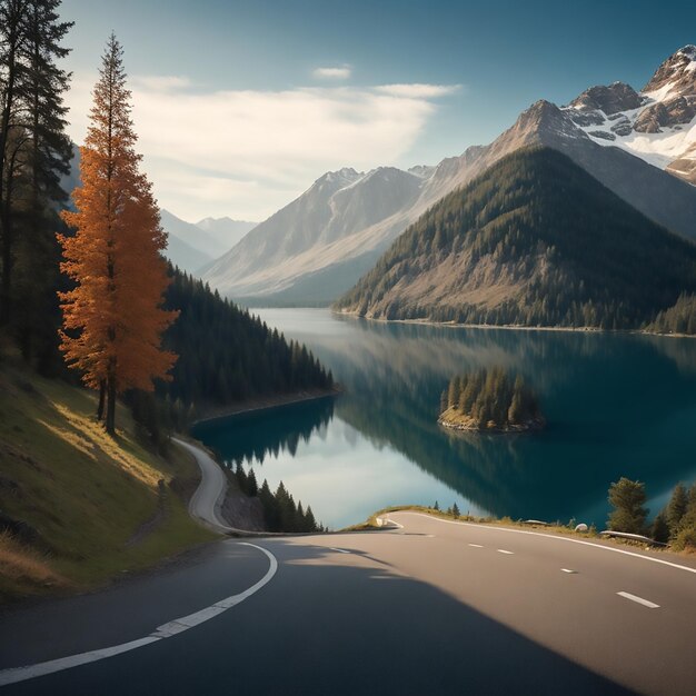 A road in the mountains with a lake and trees