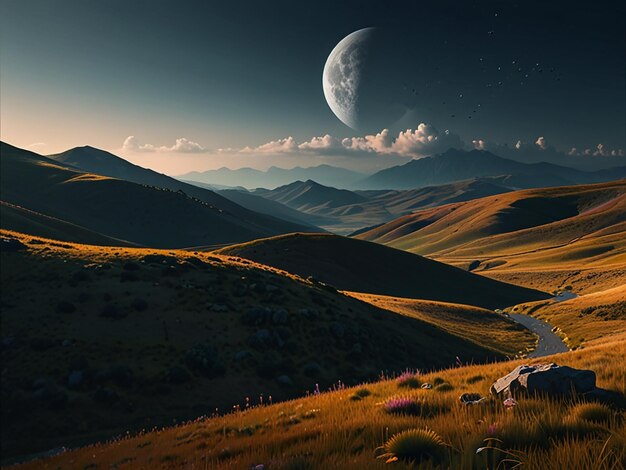 Photo a road in the mountains with a moon in the sky