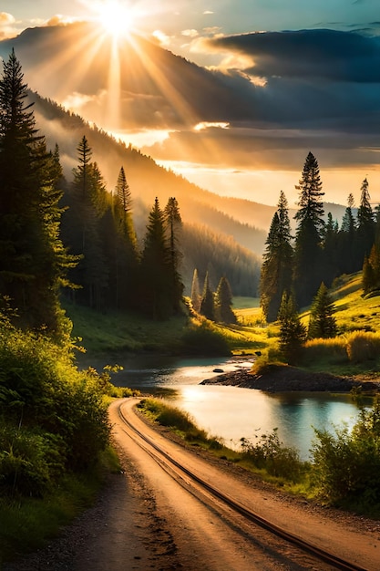 A road in the mountains with the sun shining through the trees