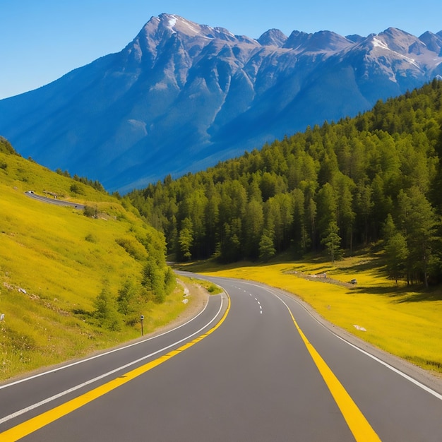 A road in the mountains with a yellow line in the foreground