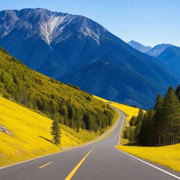 A road in the mountains with a yellow line in the foreground