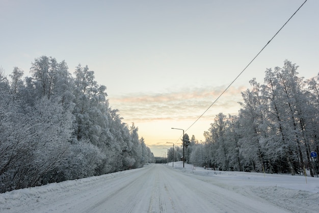 The road number 496  has covered with heavy snow in winter season at Lapland, Finland.