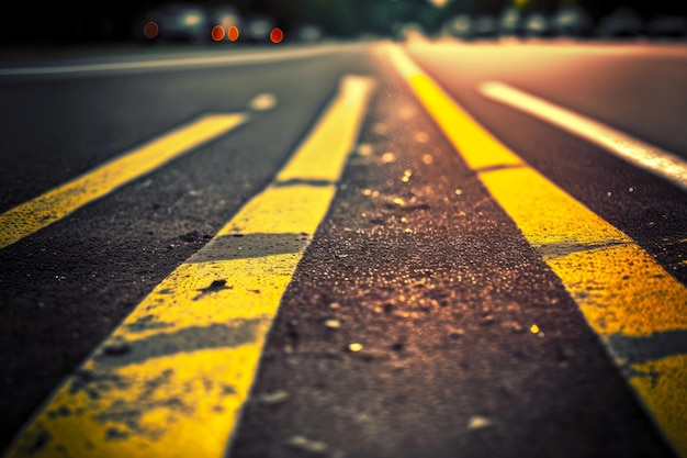 Road pavement section with markings and lines on blurred background