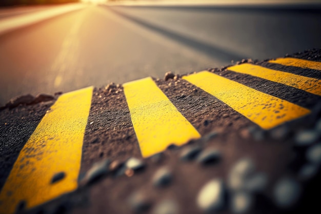 Road pavement section with markings and lines on blurred background