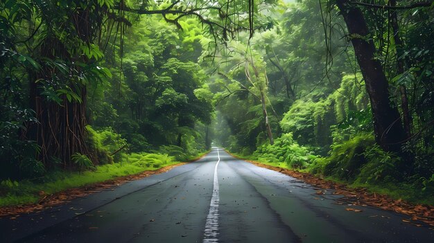 Road in the rainforest with sunlight and fog Generative AI illustrations