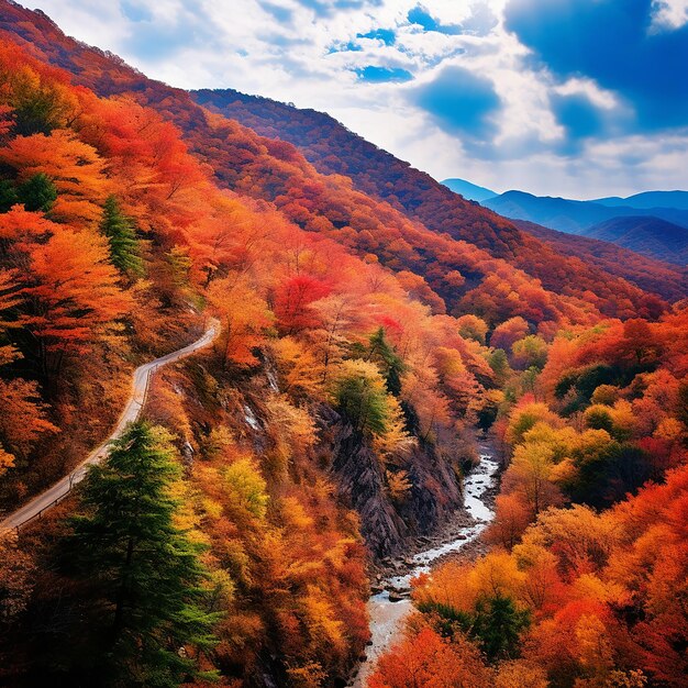 A road and a river running through a mountain slope in an environment framed by autumn colors