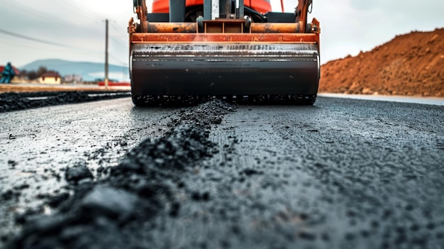 A road roller compacting newly laid asphalt on a highway construction site