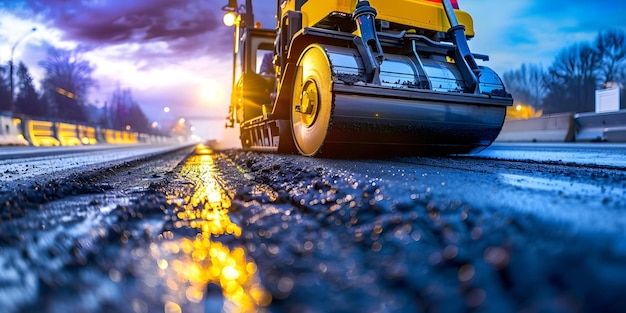 Photo a road roller compresses fresh asphalt on a construction site concept construction equipment asphalt paving roadwork heavy machinery industrial processes