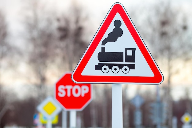 Road signs on the children's Playground. stop sign, train