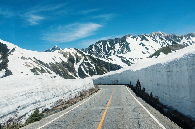 Road to snow mountain with blue sky