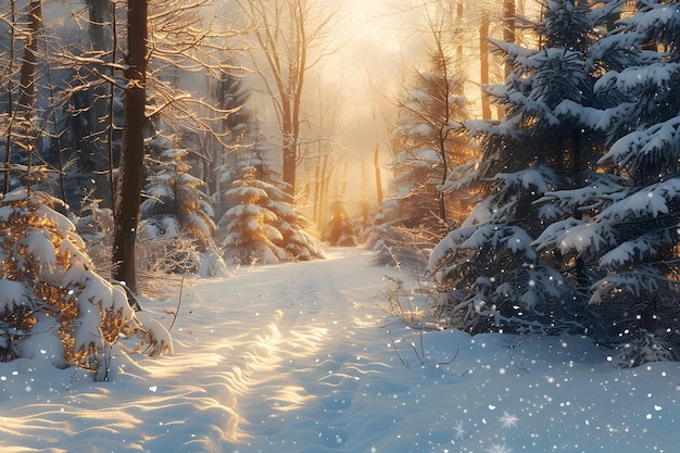 a road in the snow with the sun shining through the trees