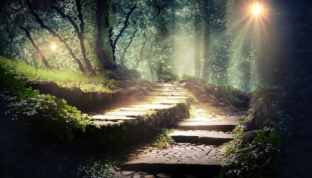 Road and stone stairs in the magical and mysterious dark forest with mystical sun light and firefly