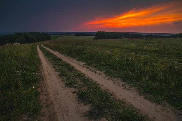 a road stretching into the distance in a green field at sunset