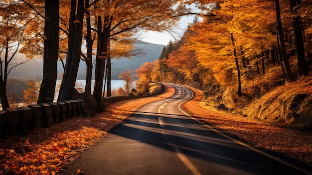 Photo a road surrounded by vibrant color trees with autumn leaves