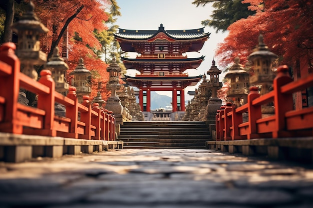 Road to Temple Gate in Kyoto Japan with Cross the Red Bridge at Bright Day