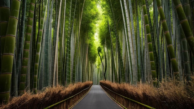 a road that has a bamboo forest on it