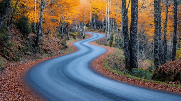 Photo a road that has a blue road with a yellow and orange trees on it