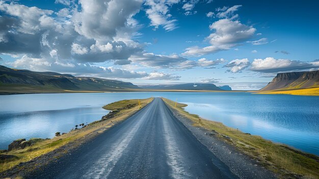 a road that has a blue water and a sky with clouds