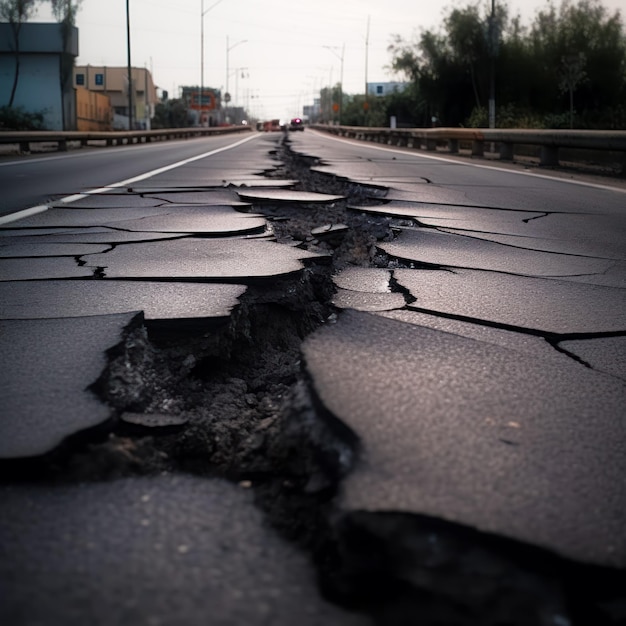 Road that has crack in the middle of it and building in the background Generative AI