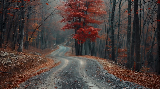 a road that has a red tree on it