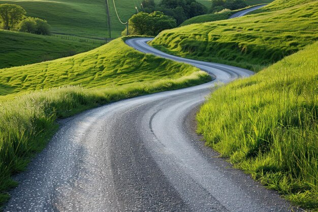 Photo a road that is curving through a grassy field