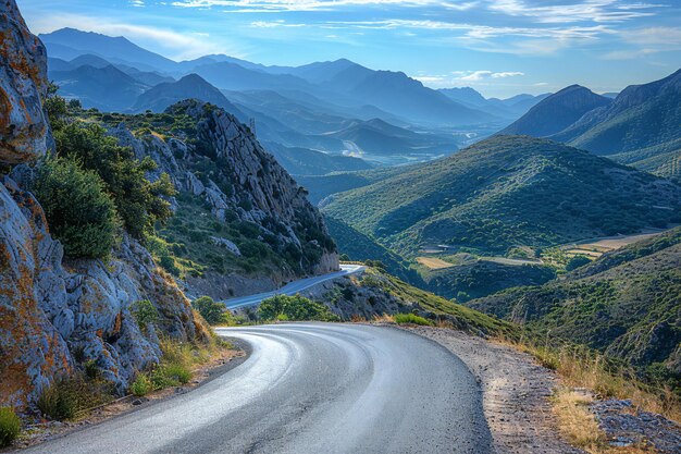 Photo a road that winds through the mountains with a valley in the background