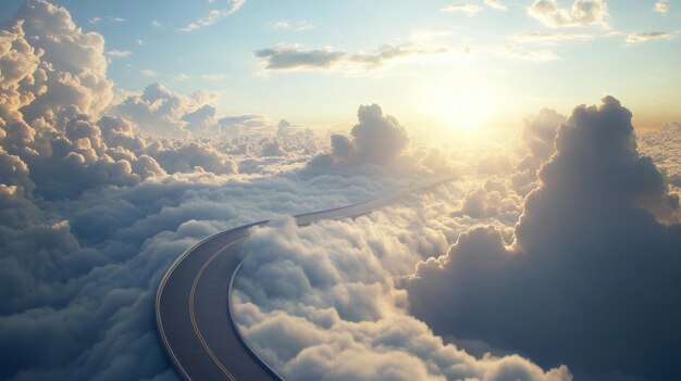 Photo road through the clouds under a bright sun dreamlike journey concept