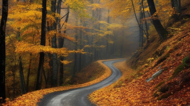 A road through a forest with orange leaves on the ground and a yellow leafed tree.