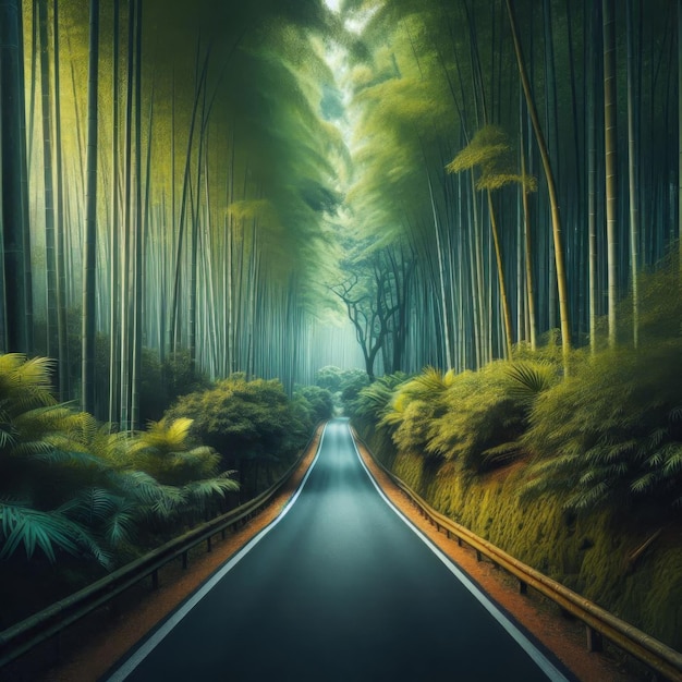 Road through a serene bamboo forest and lush piney woods offering quiet and protection