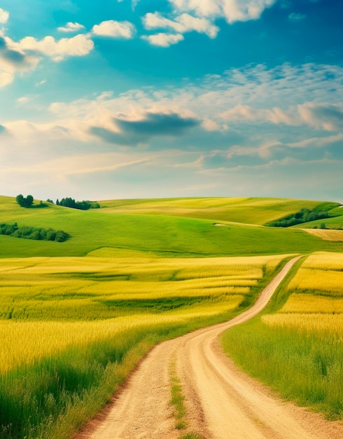 Road through summer green field