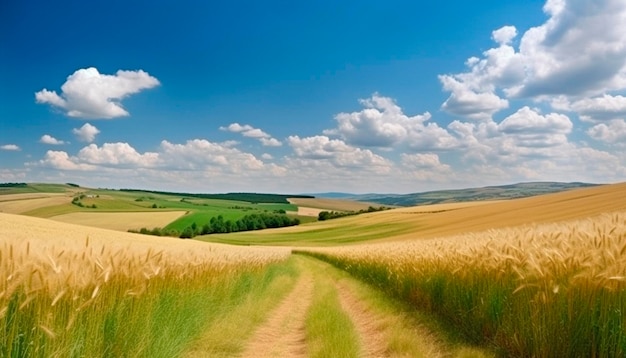 Road through summer green field