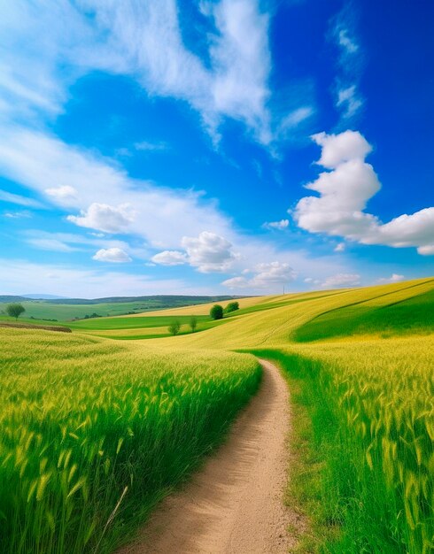 Road through summer green field