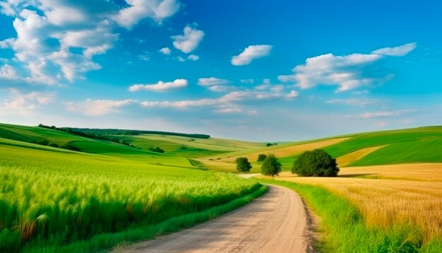 Road through summer green field