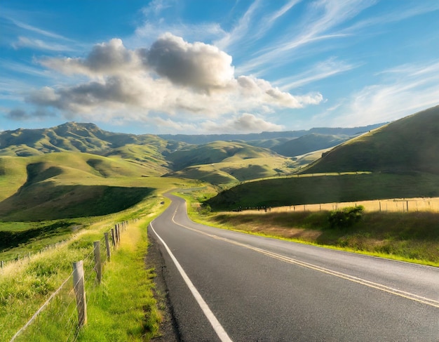 A Road Through Sunlit Lush Hills