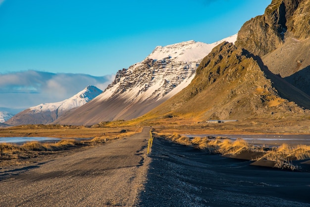 The road towards Stokksnes at Vestrahorn Mountain in Iceland