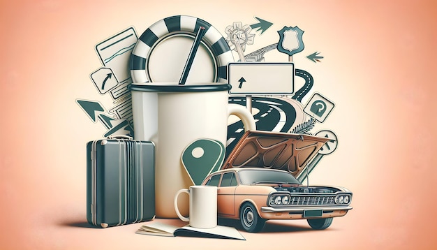 Road Trip Essentials Person Integrated with Car Trunk Road Signs and Travel Mug Photo Realistic