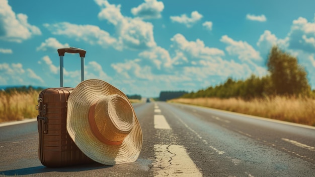 Road trip luggage and beach hat on the road