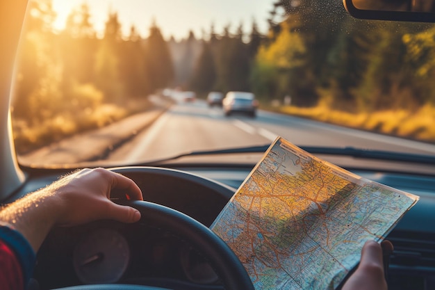 Photo road trip with map navigation during sunset through scenic forest roadxa