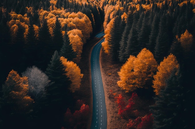 A road in the vertical surrounded by a forest in the fall