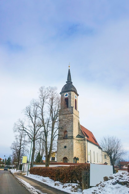 Road View to a church in Germany in winter. Germany is a country in Europe