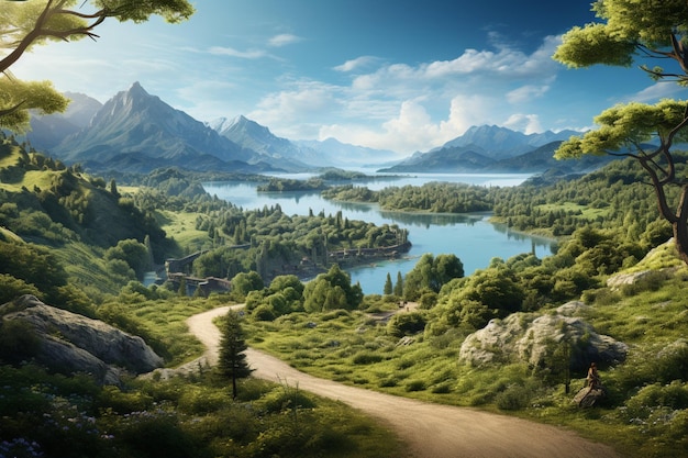 a road winding through a green valley with a lake and trees high quality