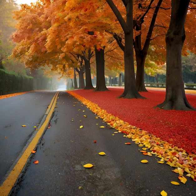 a road with autumn leaves on it and a road with a line of trees with fall leaves on it