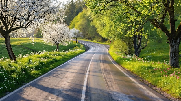 Photo road with blooming trees in spring