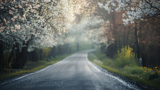 Photo road with blooming trees in spring