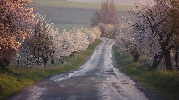 Photo road with blooming trees in spring